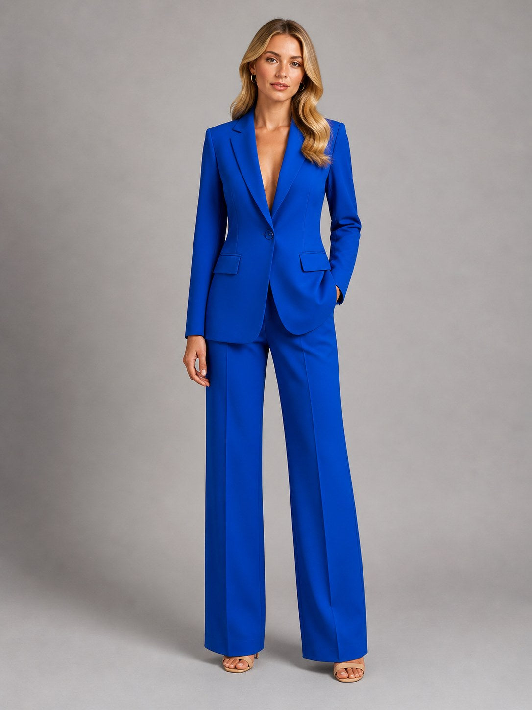 Natalia | Damski dopasowany blazer z szerokimi spodniami, elegancki komplet na wyjątkowe okazje | Rokishi | Biały
