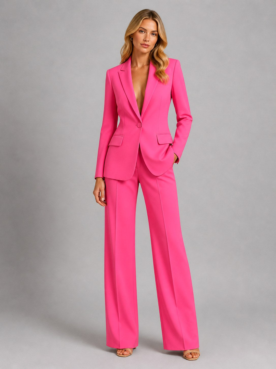 Natalia | Damski dopasowany blazer z szerokimi spodniami, elegancki komplet na wyjątkowe okazje | Rokishi | Biały