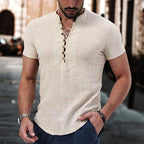 Natan | Męska koszulka Henley z lnu, casualowy model z krótkim rękawem | Rokishi