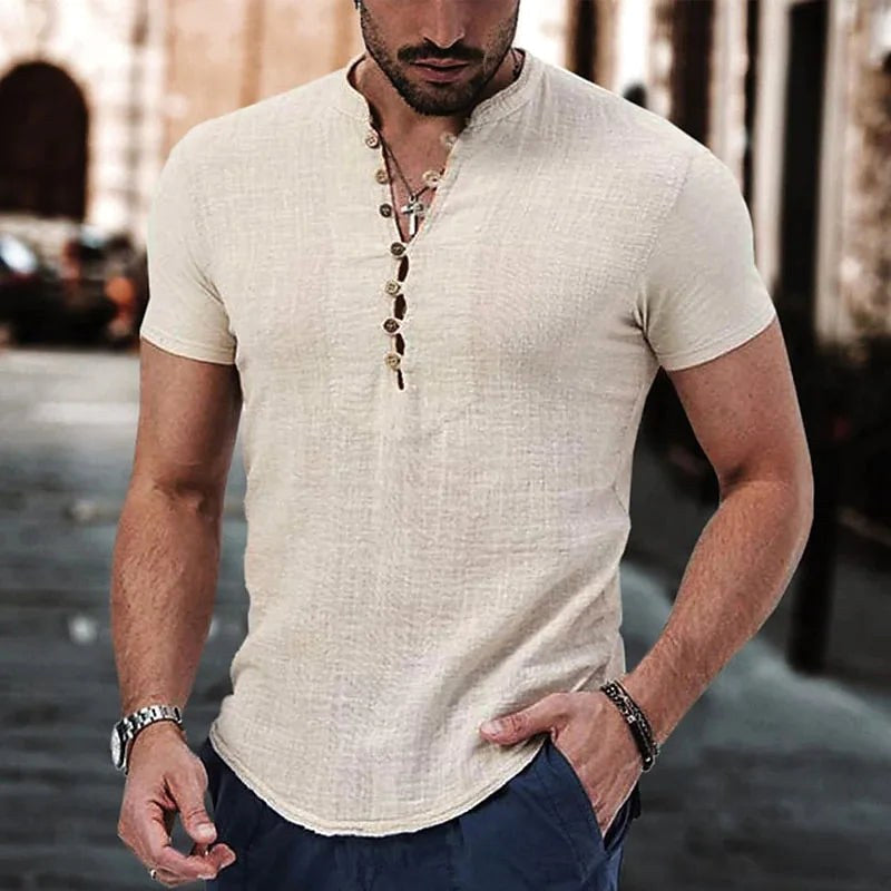 Natan | Męska koszulka Henley z lnu, casualowy model z krótkim rękawem | Rokishi