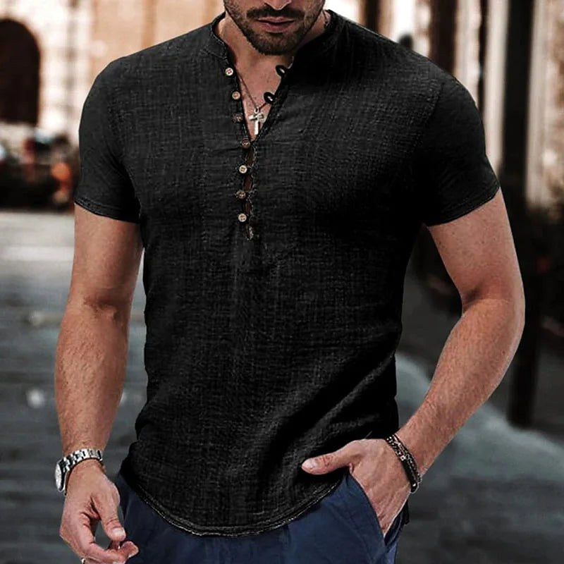 Natan | Męska koszulka Henley z lnu, casualowy model z krótkim rękawem | Rokishi