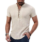 Natan | Męska koszulka Henley z lnu, casualowy model z krótkim rękawem | Rokishi