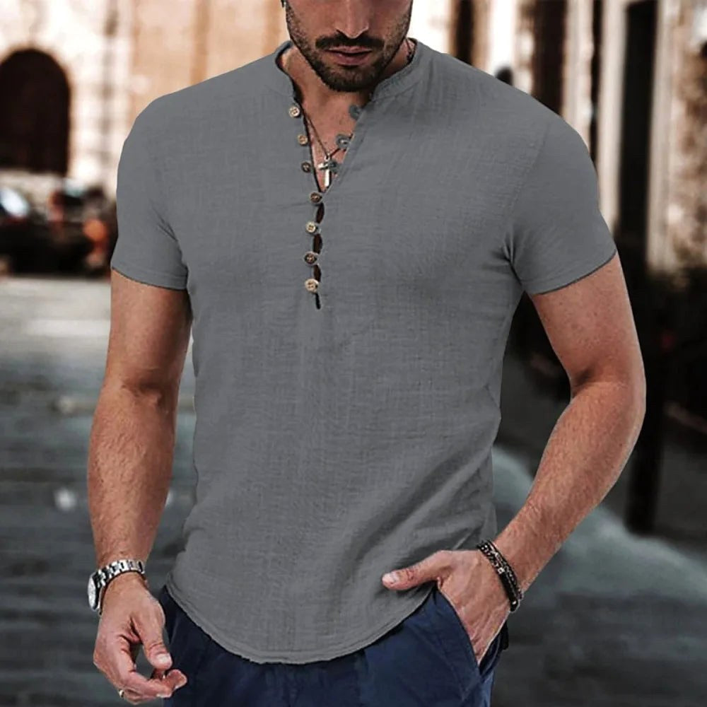 Natan | Męska koszulka Henley z lnu, casualowy model z krótkim rękawem | Rokishi