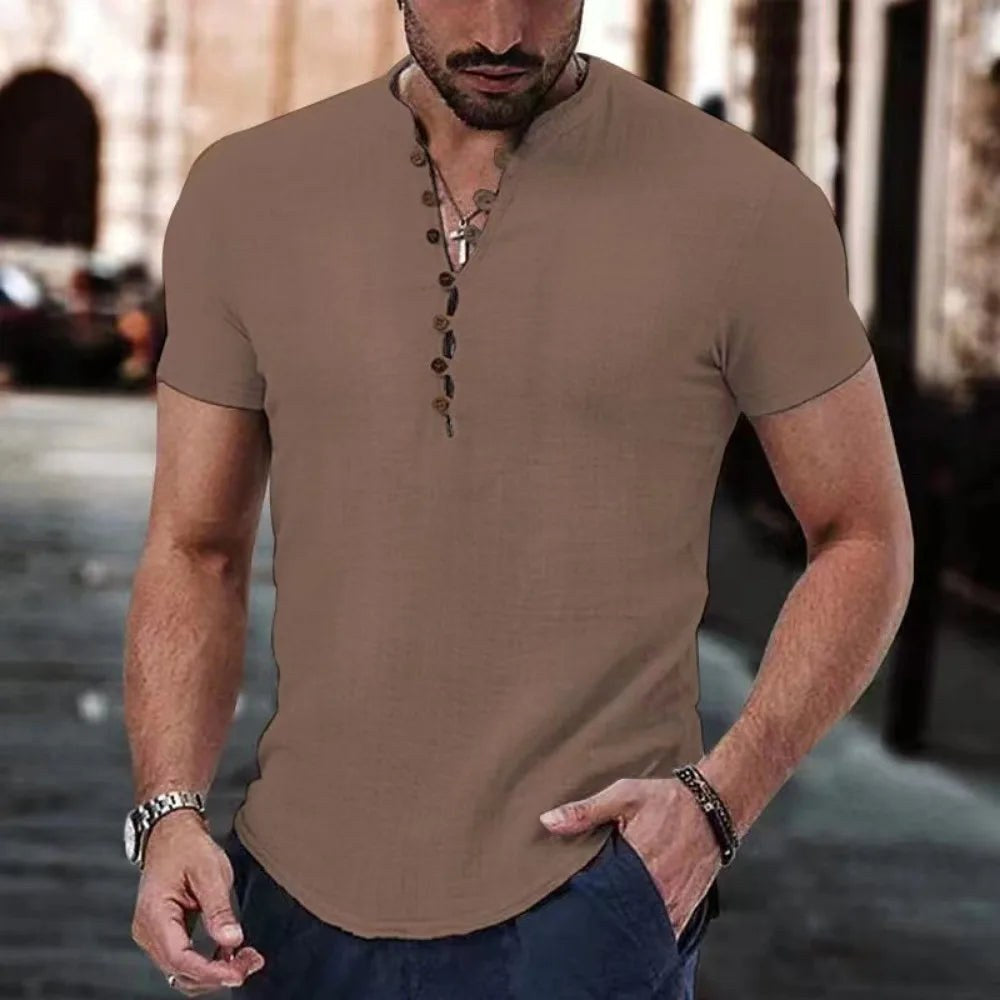 Natan | Męska koszulka Henley z lnu, casualowy model z krótkim rękawem | Rokishi