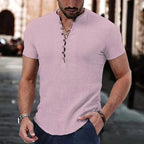 Natan | Męska koszulka Henley z lnu, casualowy model z krótkim rękawem | Rokishi