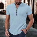 Natan | Męska koszulka Henley z lnu, casualowy model z krótkim rękawem | Rokishi