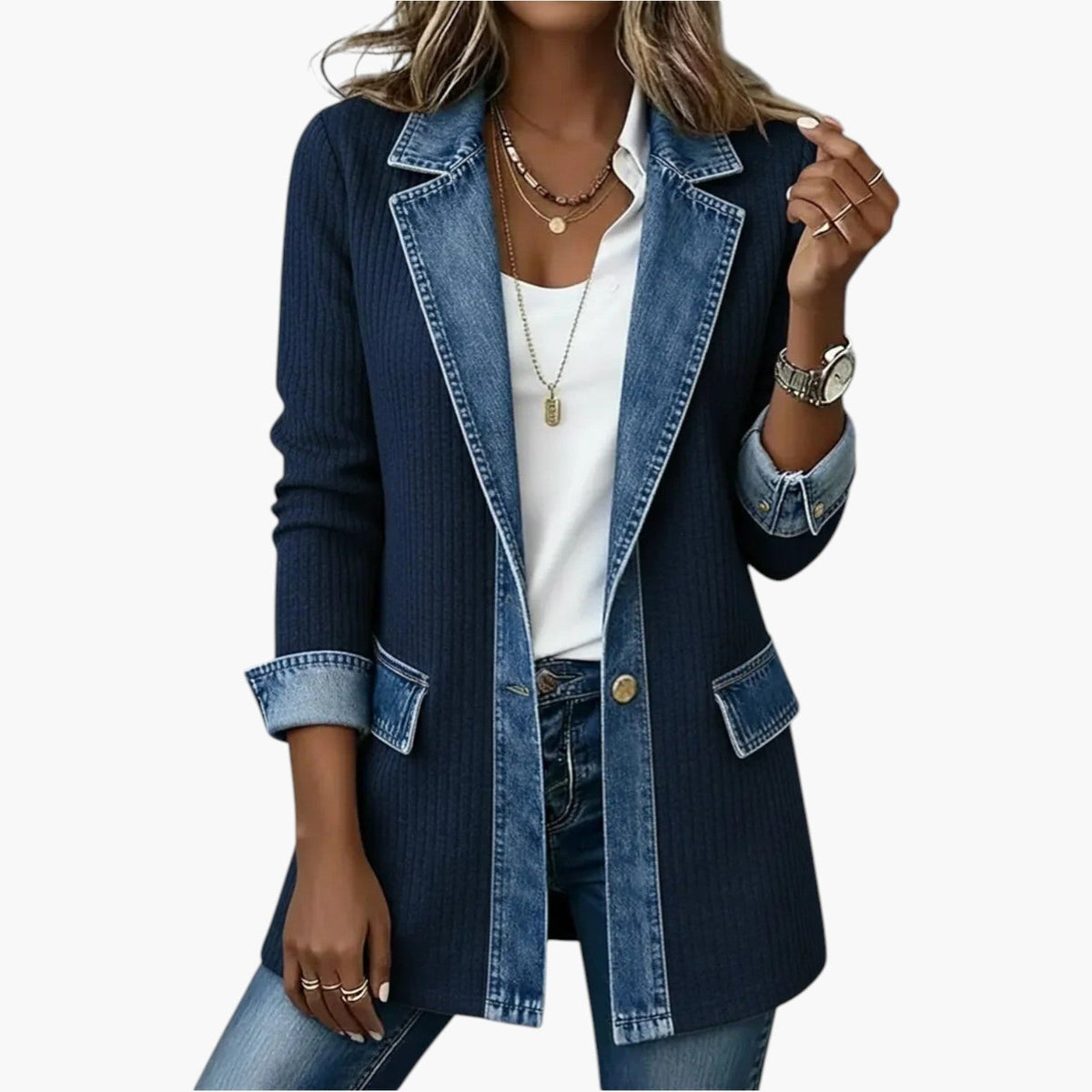 Bogna | Damska hybrydowa kurtka dzianina-denim, swobodna kurtka zapinana na guziki | Rokishi | Biały
