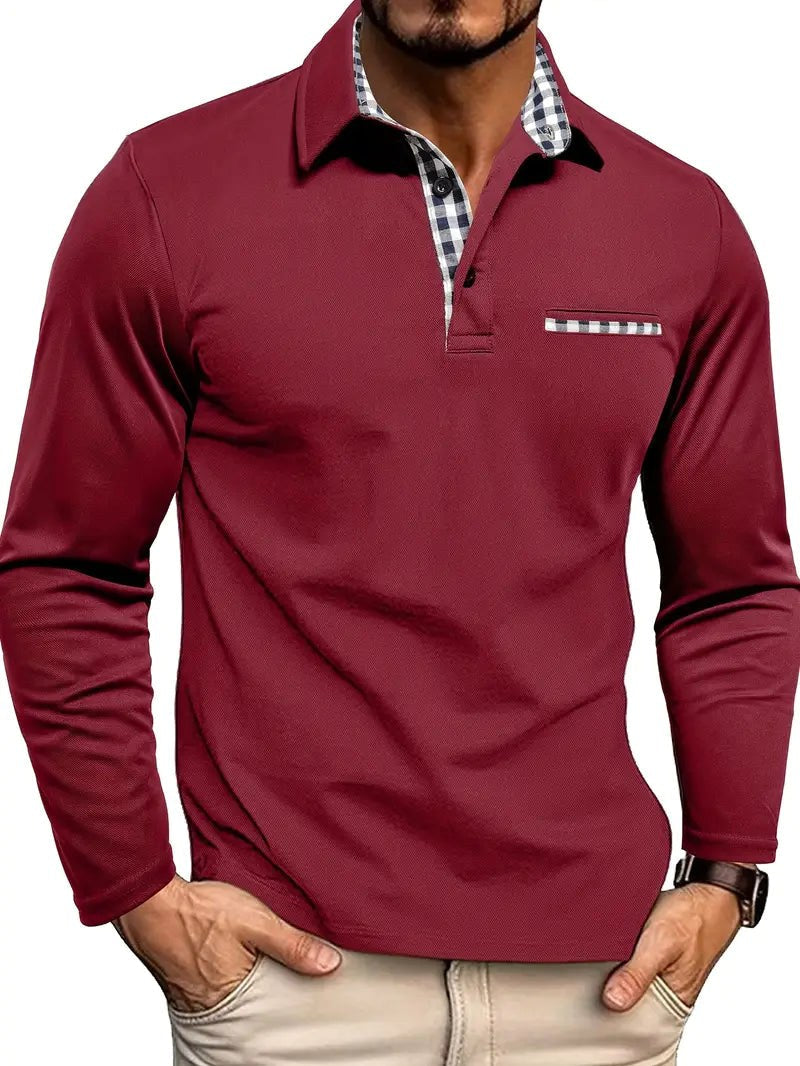 Adam | Męska koszulka polo z długim rękawem i kraciastym kołnierzykiem, elegancka koszulka polo | Rokishi | Szary