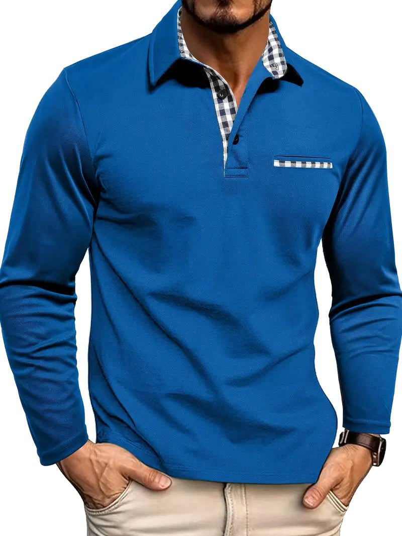 Adam | Męska koszulka polo z długim rękawem i kraciastym kołnierzykiem, elegancka koszulka polo | Rokishi | Szary