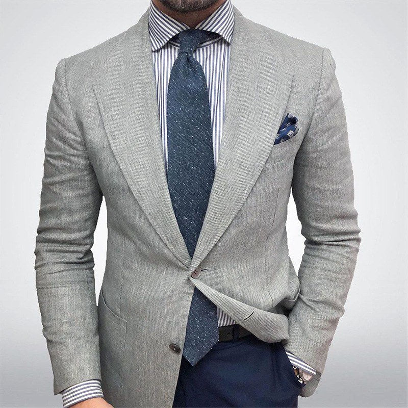 Leon | Męski dopasowany blazer o strukturalnym wykończeniu, elegancka marynarka | Rokishi | Jasnoszary