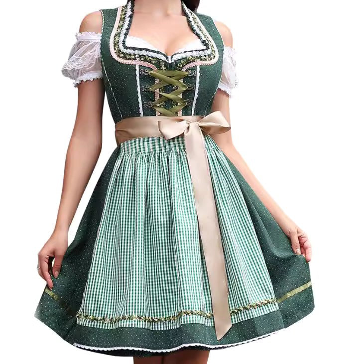 Nela | Damska sukienka w kratę w stylu bawarskim z gorsetowym wiązaniem i koronką, sukienka midi na Oktoberfest | Rokishi