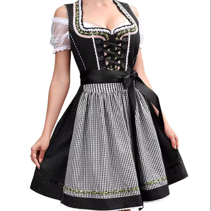 Nela | Damska sukienka w kratę w stylu bawarskim z gorsetowym wiązaniem i koronką, sukienka midi na Oktoberfest | Rokishi