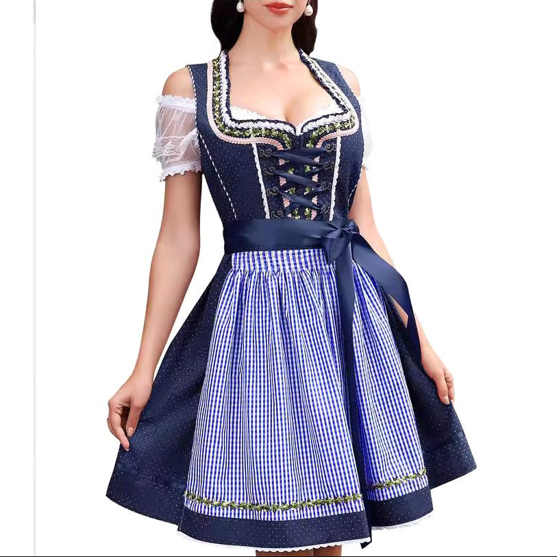 Nela | Damska sukienka w kratę w stylu bawarskim z gorsetowym wiązaniem i koronką, sukienka midi na Oktoberfest | Rokishi