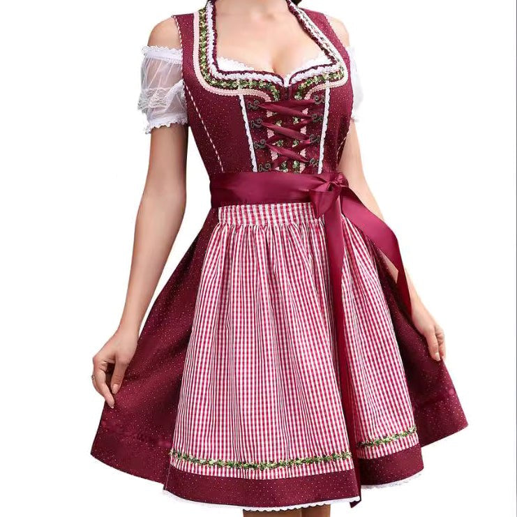 Nela | Damska sukienka w kratę w stylu bawarskim z gorsetowym wiązaniem i koronką, sukienka midi na Oktoberfest | Rokishi