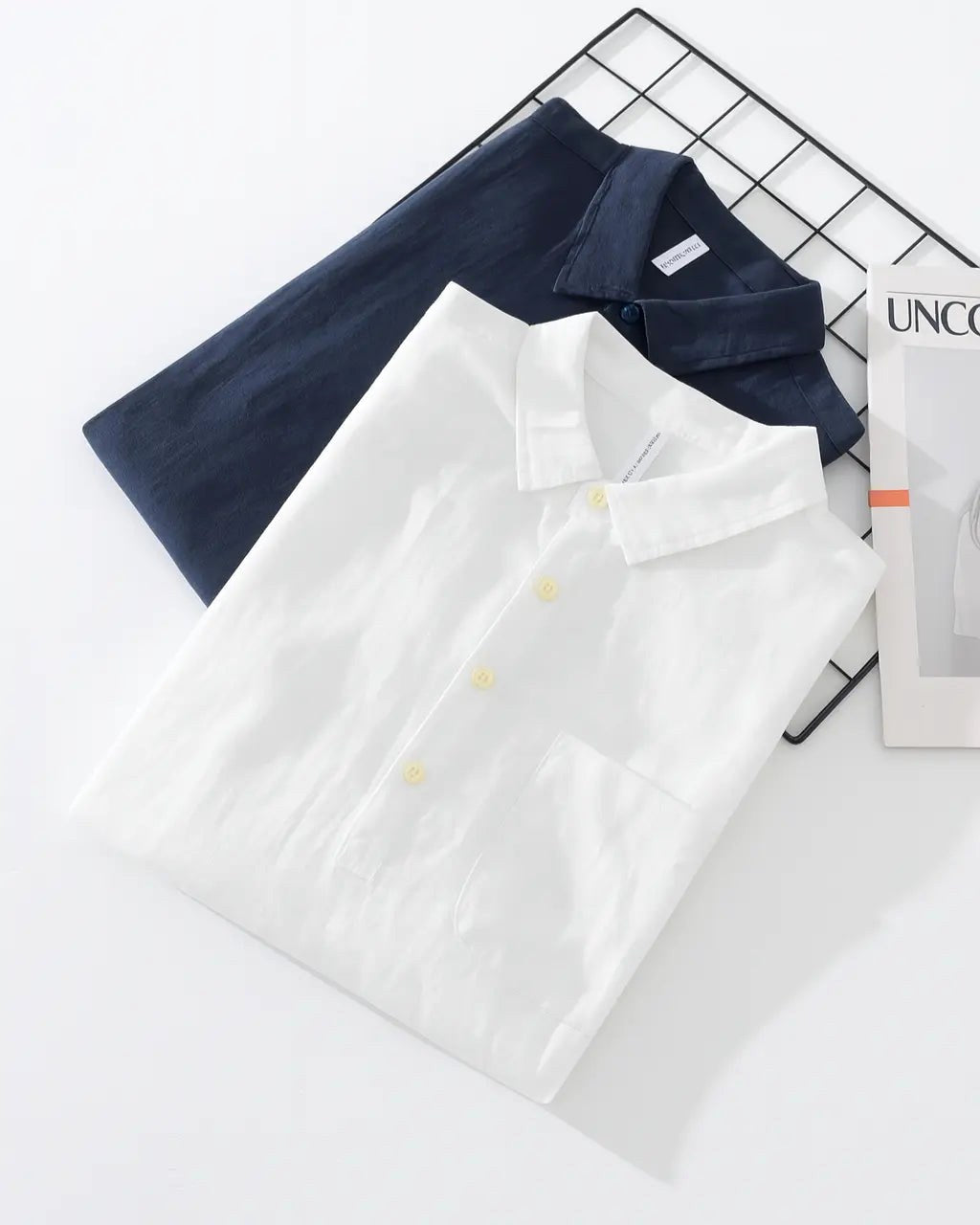 Dawid | Męska koszula overshirt z bawełny i lnu, luźna koszula z krótkim zapięciem na guziki | Rokishi | Granatowy