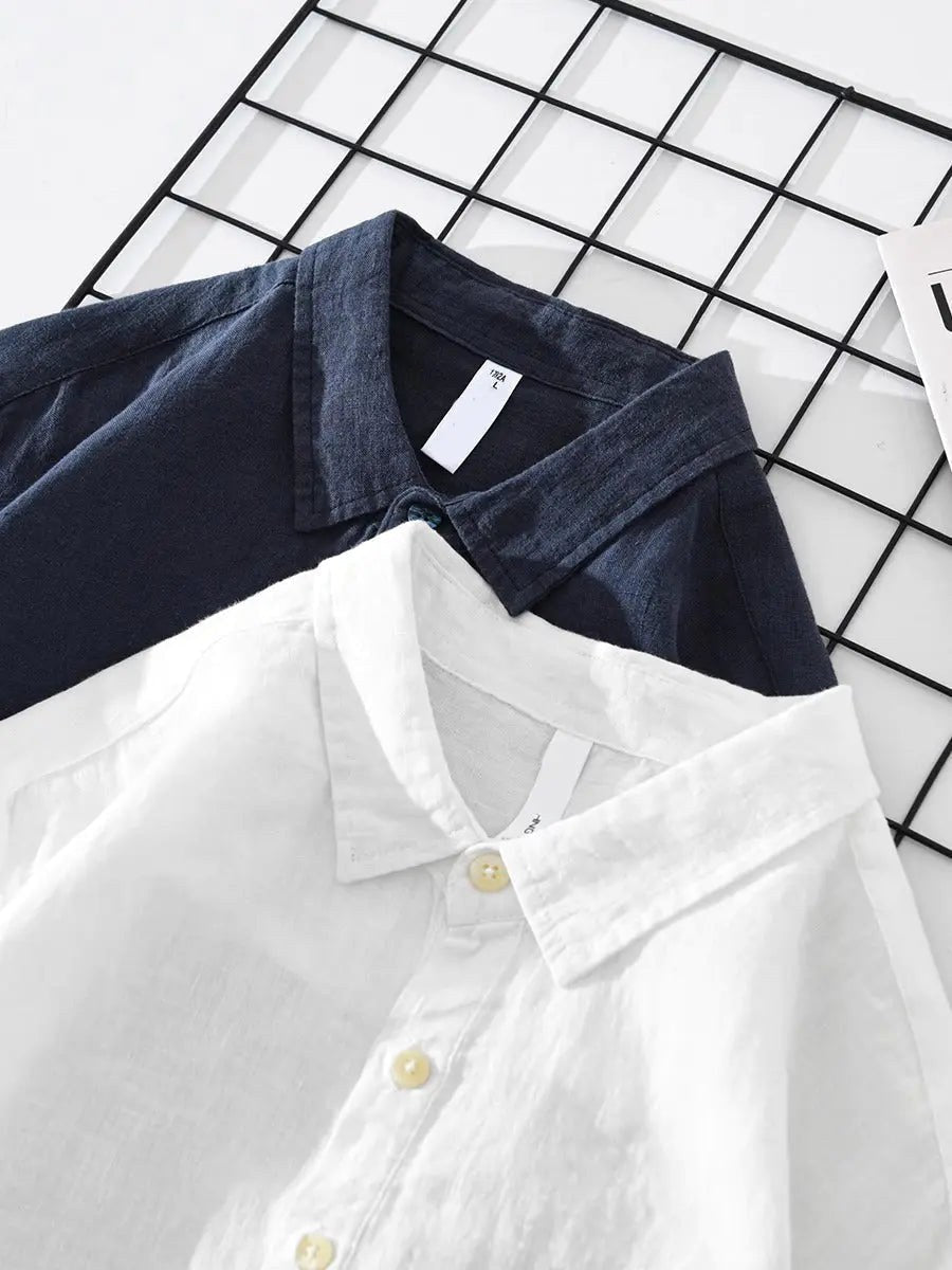 Dawid | Męska koszula overshirt z bawełny i lnu, luźna koszula z krótkim zapięciem na guziki | Rokishi | Granatowy