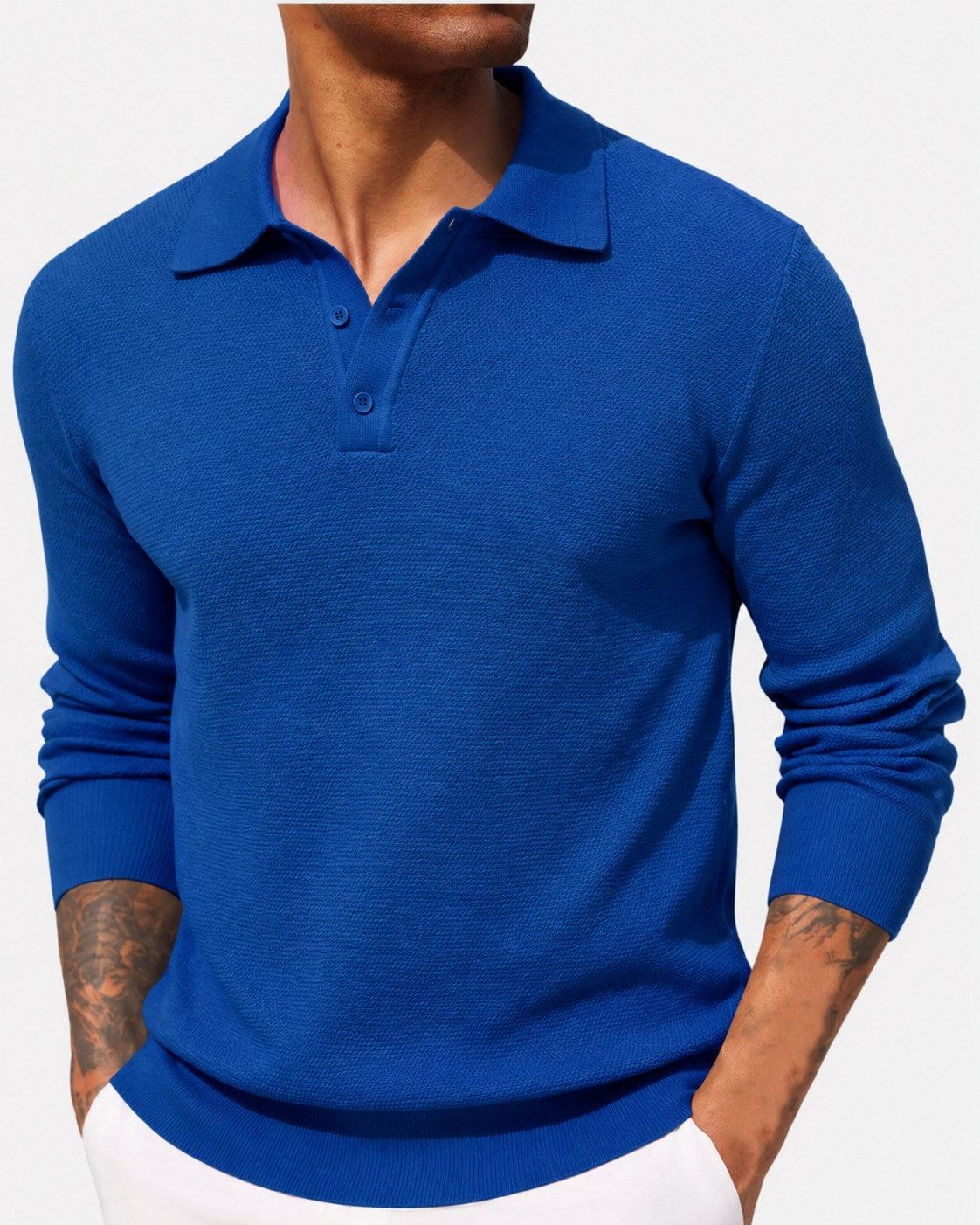 Jerzy | Męski sweter z kołnierzykiem polo, elegancki sweter z dzianiny | Rokishi | Niebieski